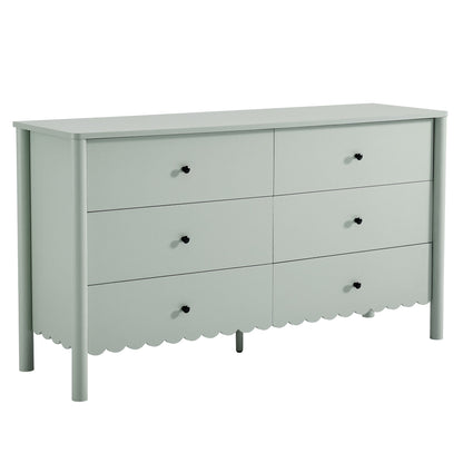 Emmeline Scalloped 6-Drawer Dresser in soft sage green with black knobs and scalloped base on Tampa Home & Garden Store