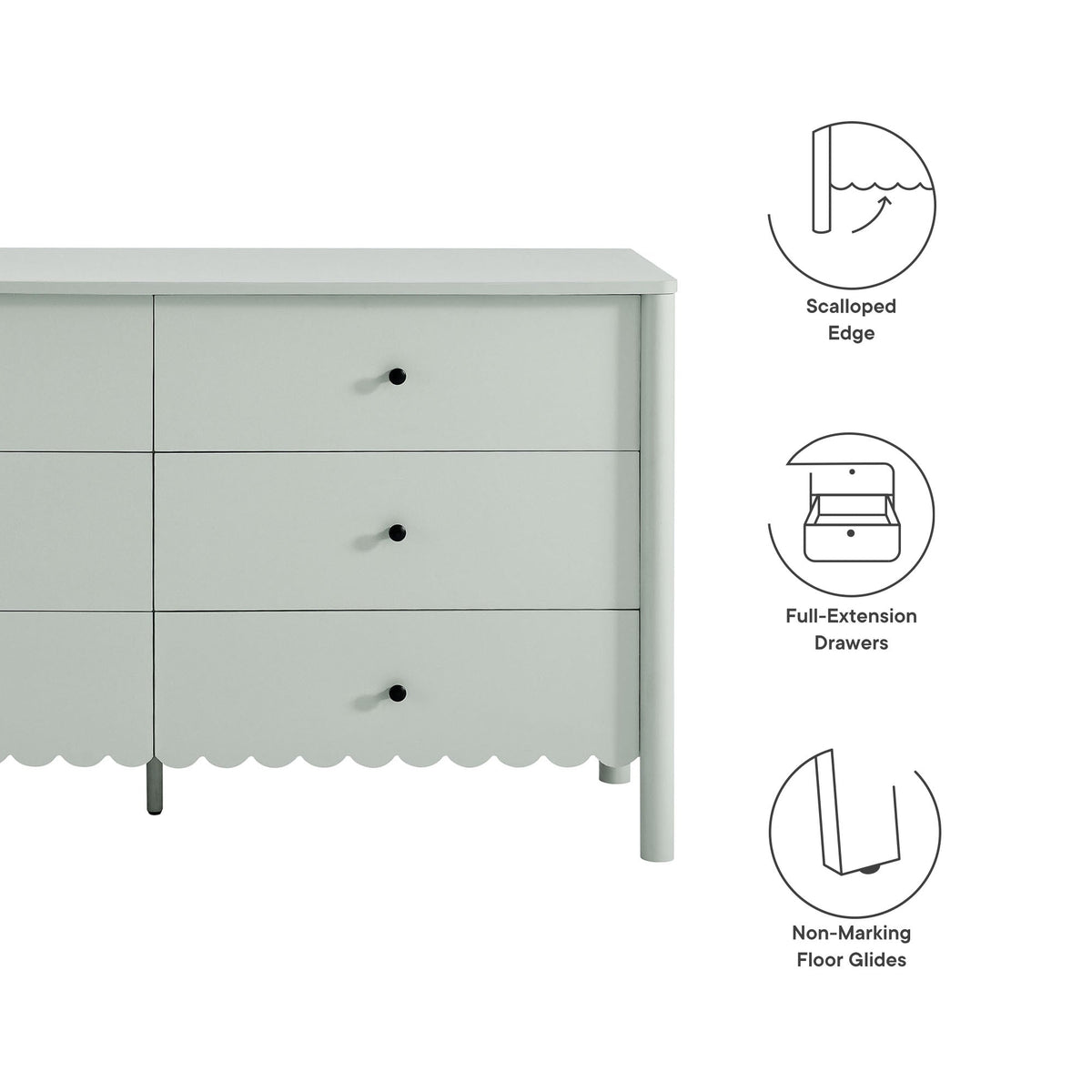 Emmeline Scalloped 6-Drawer Dresser in pale gray with knobs and scalloped edge on Tampa Home & Garden Store