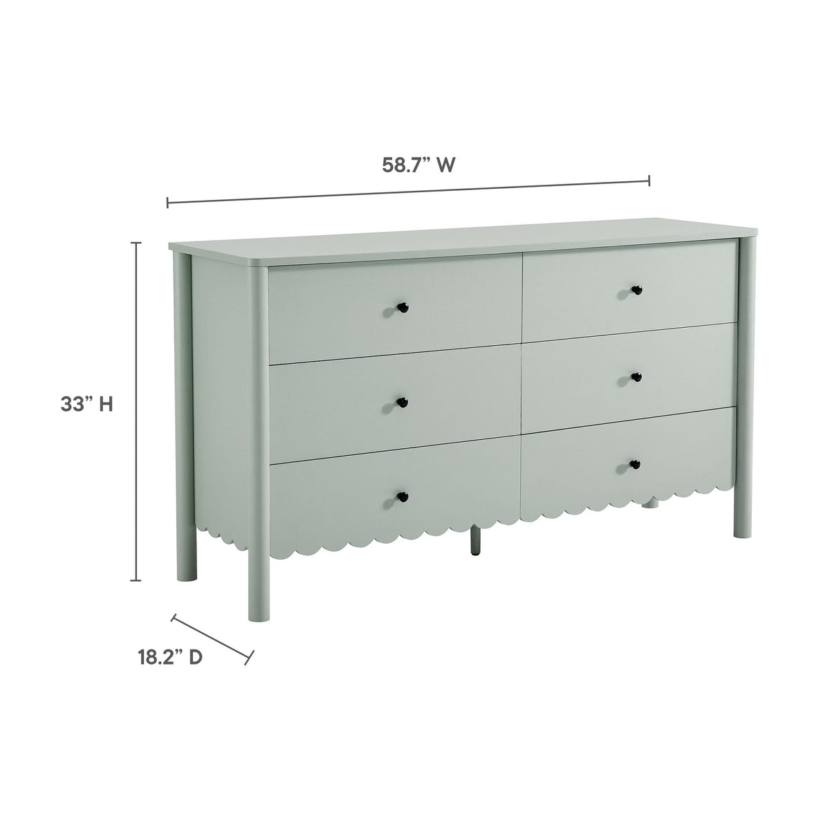 Emmeline scalloped 6-drawer dresser HouseOfZazla sage gray 58.7W x 33H x 18.2D on Tampa Home & Garden Store