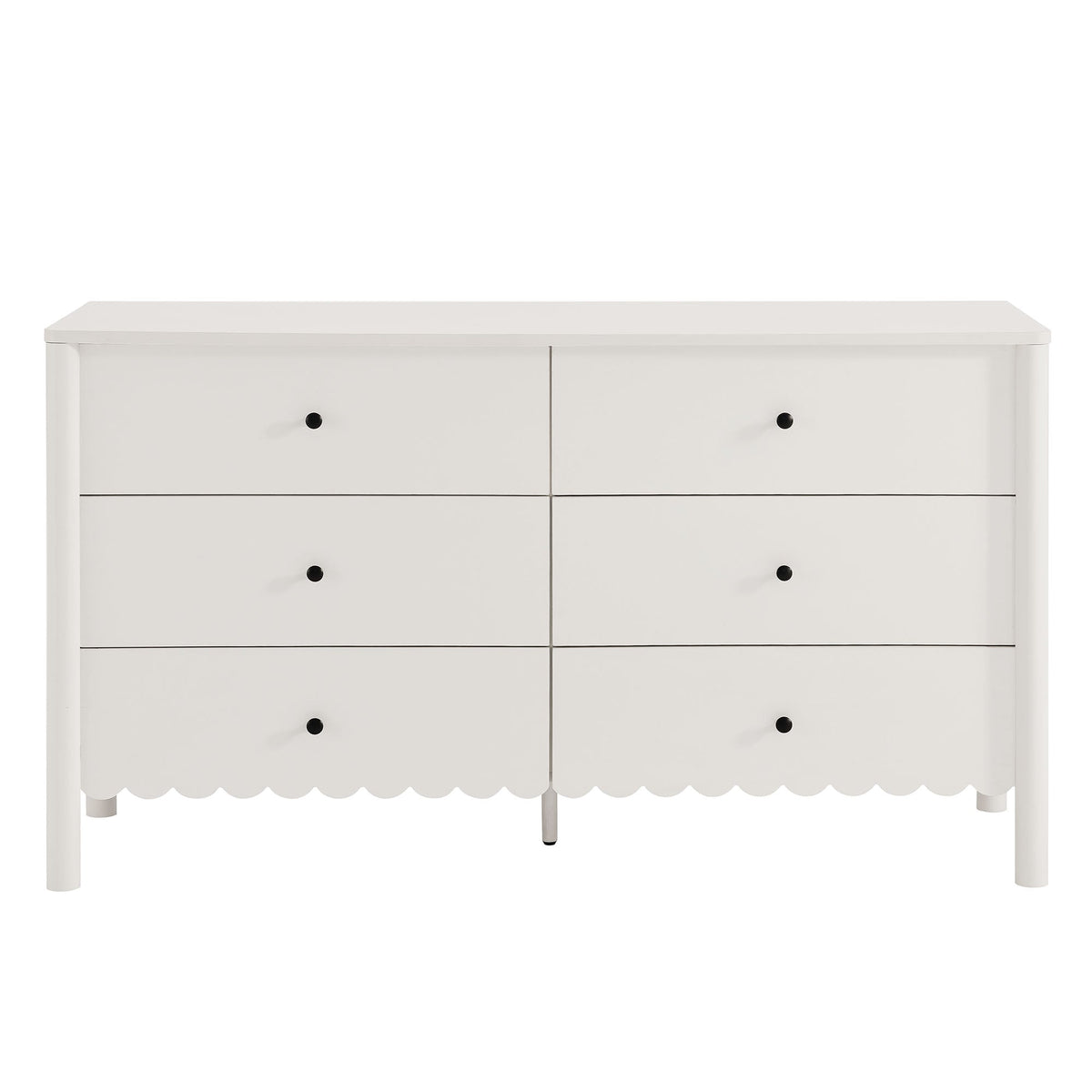 Emmeline Scalloped 6-Drawer Dresser in white with black knob pulls, scalloped apron on Tampa Home & Garden Store