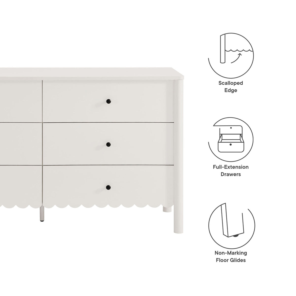 Emmeline Scalloped-Edge 6-Drawer Dresser in white with black knobs on Tampa Home & Garden Store
