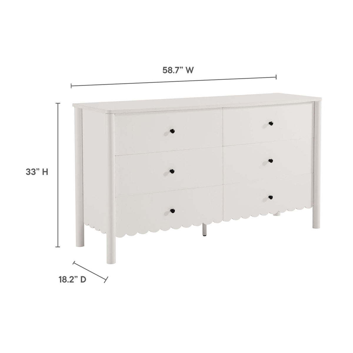 Emmeline Scalloped 6-Drawer Dresser white with black knobs, scalloped base by HouseOfZazla on Tampa Home & Garden Store