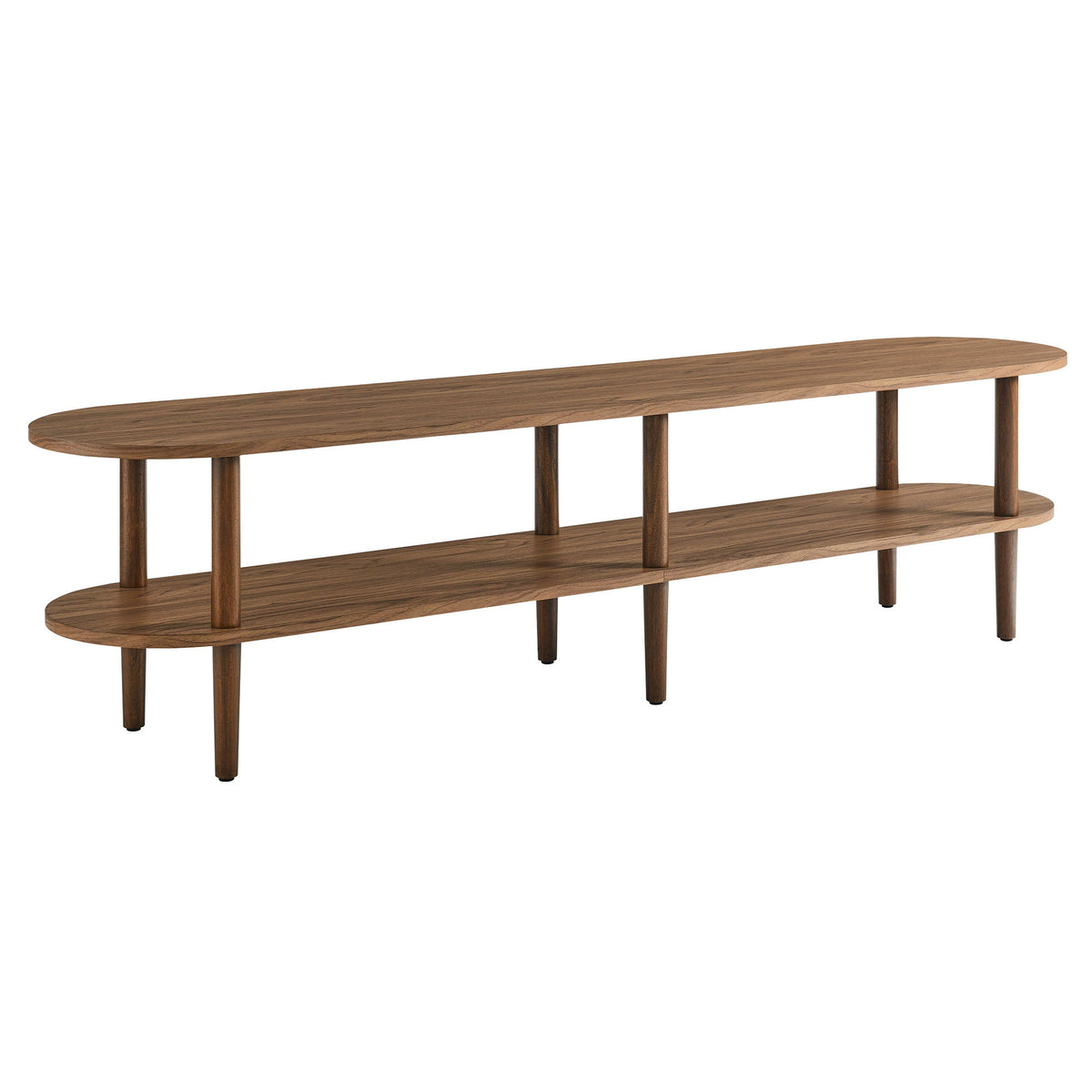 Torus Oval Wood TV Stand three-tier walnut finish with oval top and shelves and slim legs on Tampa Home & Garden Store