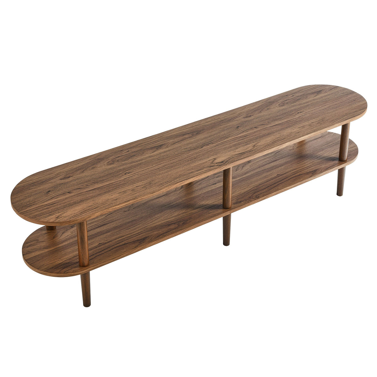 Torus Oval Wood TV Stand two-tier oak veneer with rounded ends and slim legs on Tampa Home & Garden Store