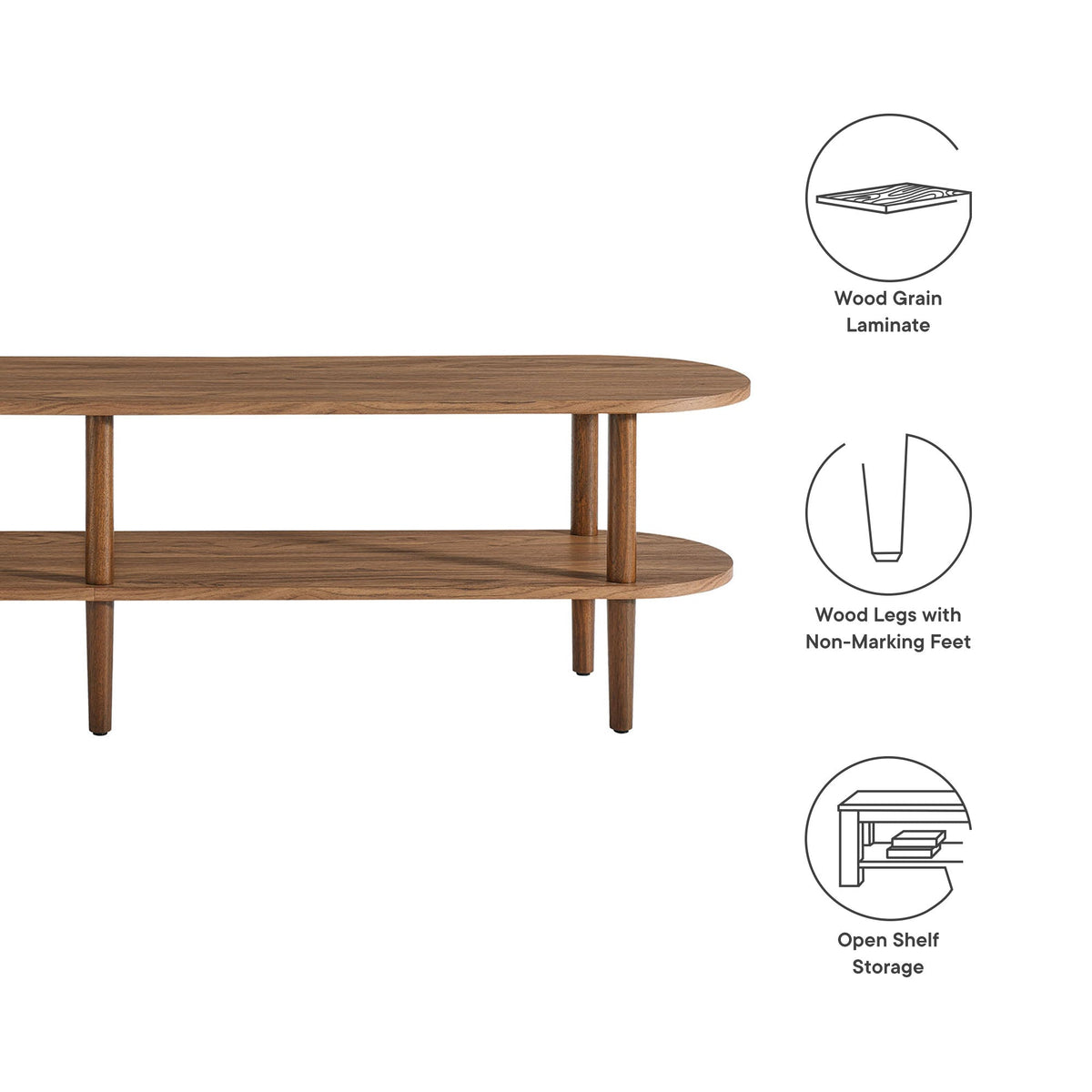 Modway Torus Oval Wood TV Stand, walnut grain, three-tier oval with open shelves on Tampa Home & Garden Store