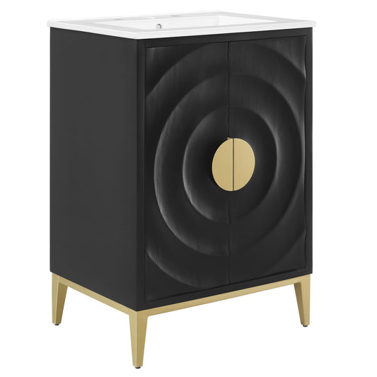 Beau 24-inch Wood Bathroom Vanity with Basin, black cabinet, white top, gold legs on Tampa Home & Garden Store