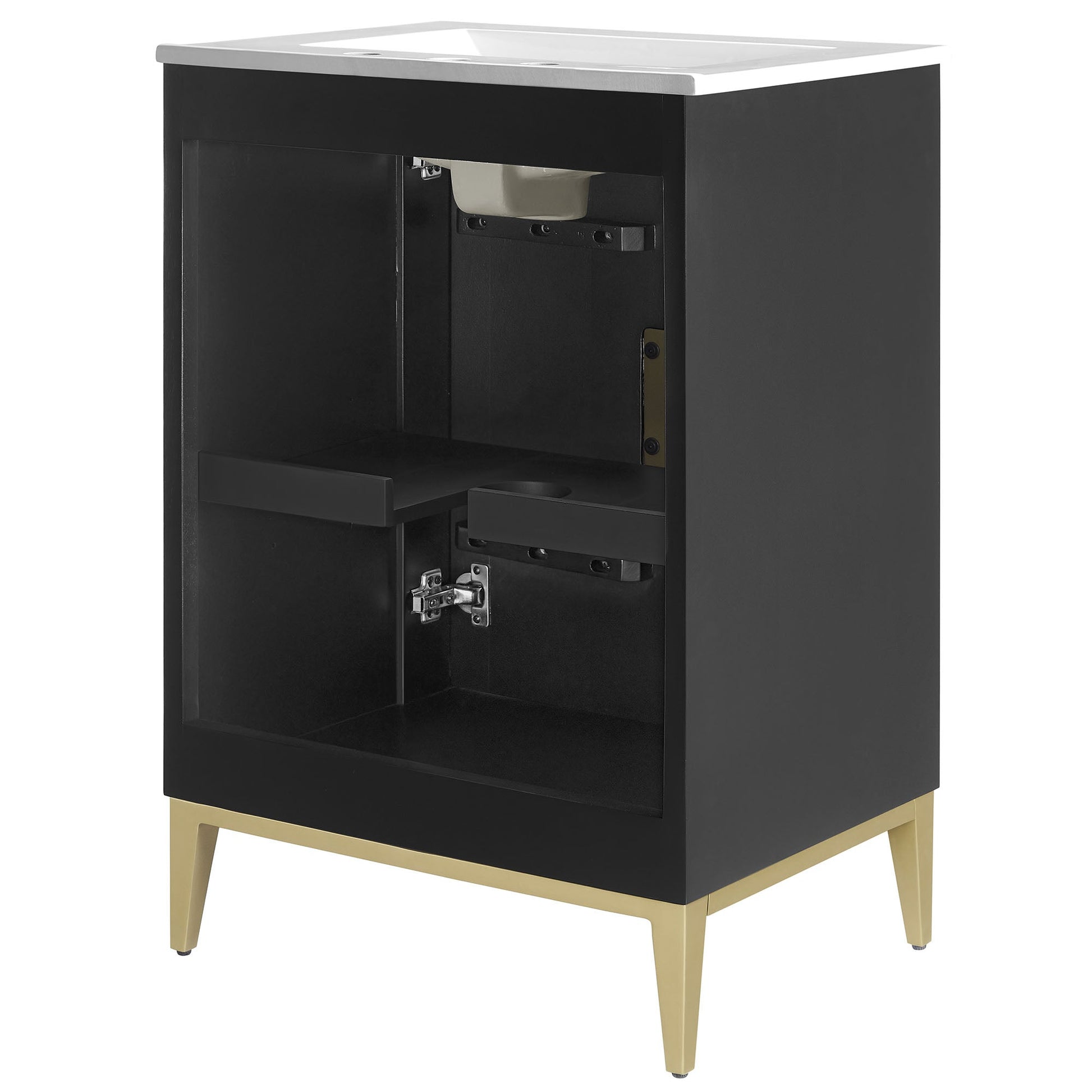 Beau 24in wood bathroom vanity with basin by Modway, black cabinet with white top and gold legs on Tampa Home & Garden Store