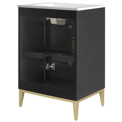 Beau 24in wood bathroom vanity with basin by Modway, black cabinet with white top and gold legs on Tampa Home & Garden Store