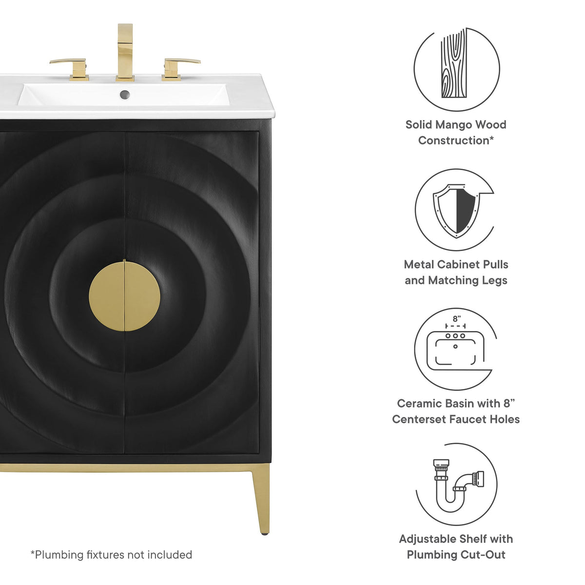 Beau 24in wood bathroom vanity with basin, black cabinet, white sink, gold faucet and pulls on Tampa Home & Garden Store