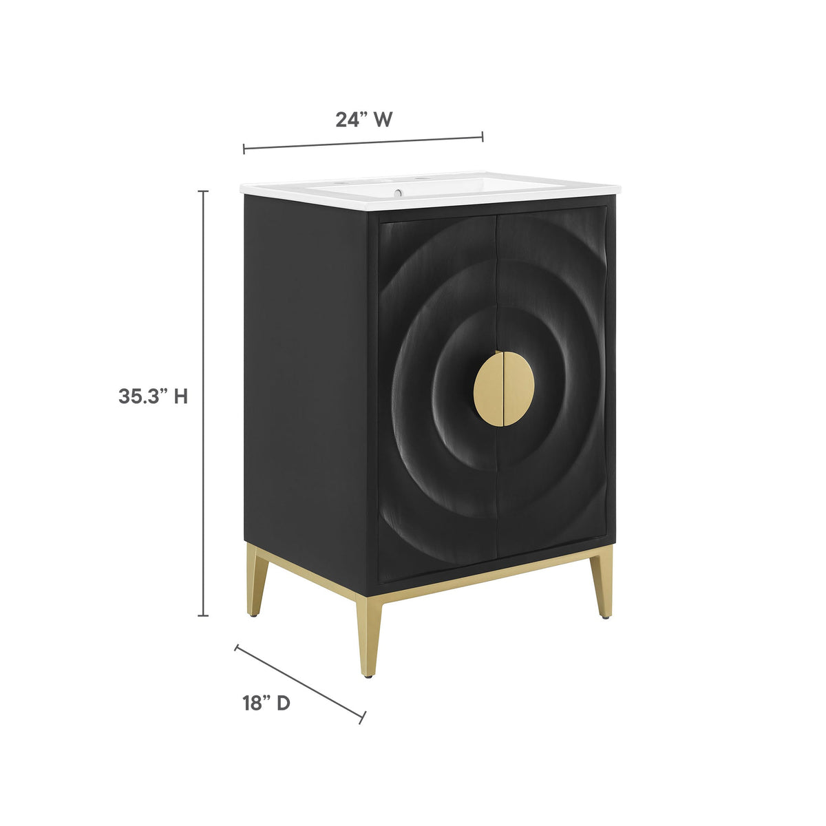 Beau 24in Wood Bathroom Vanity with Basin, black cabinet, white top, gold hardware on Tampa Home & Garden Store