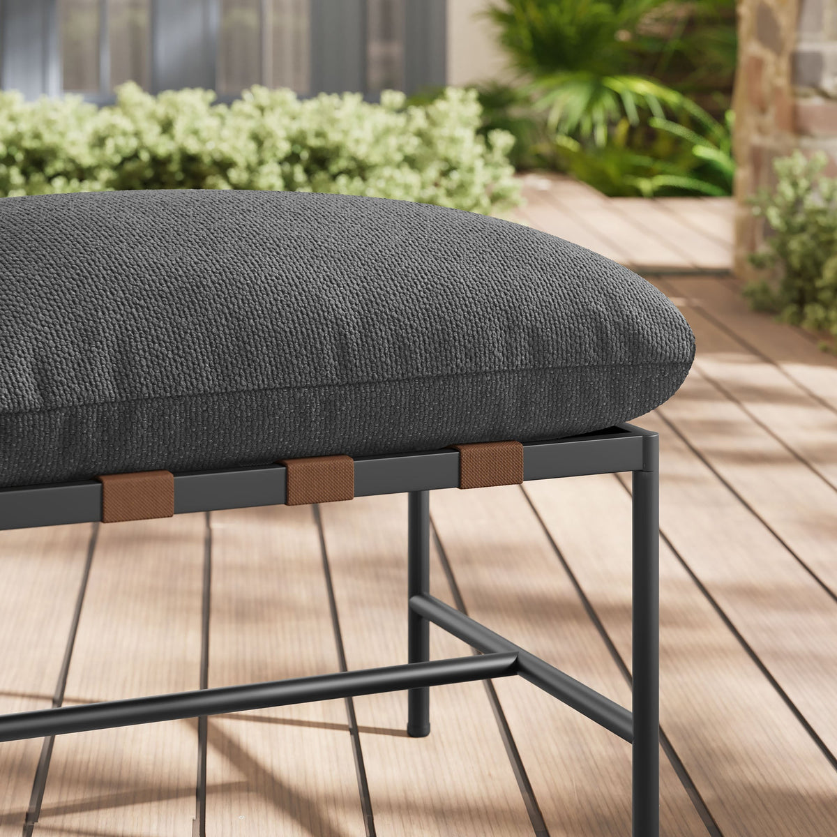 Raya Outdoor Patio Boucle Ottoman by Modway; dark boucle fabric, metal frame with brown straps on Tampa Home & Garden Store