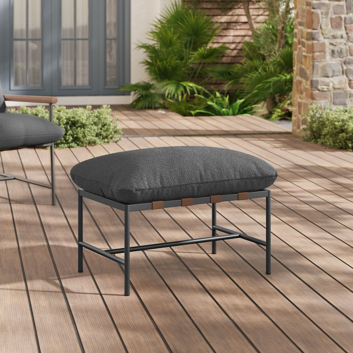 Raya Outdoor Patio Boucle Ottoman by Modway, dark gray boucle cushion, metal frame on deck on Tampa Home & Garden Store