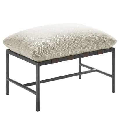 Raya Outdoor Patio Boucle Ottoman tan boucle cushion on black metal frame by HouseOfZazla on Tampa Home & Garden Store