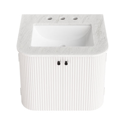 Zia Wall-Mount Bathroom Vanity with Marble Sink, three faucet holes, ribbed white base on Tampa Home & Garden Store