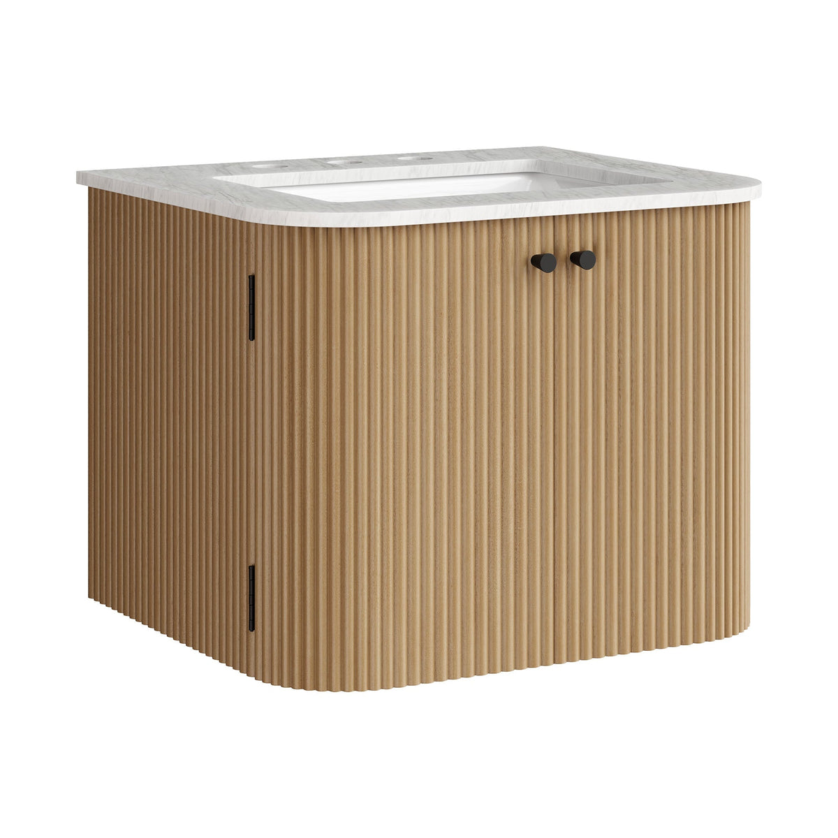 Zia wall-mount bathroom vanity with marble sink top and natural oak slatted cabinet on Tampa Home & Garden Store