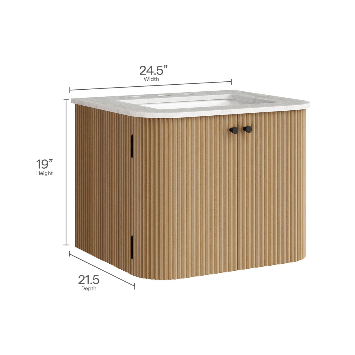 Zia wall-mount bathroom vanity with marble sink, brown ribbed wood cabinet, 24.5in wide on Tampa Home & Garden Store