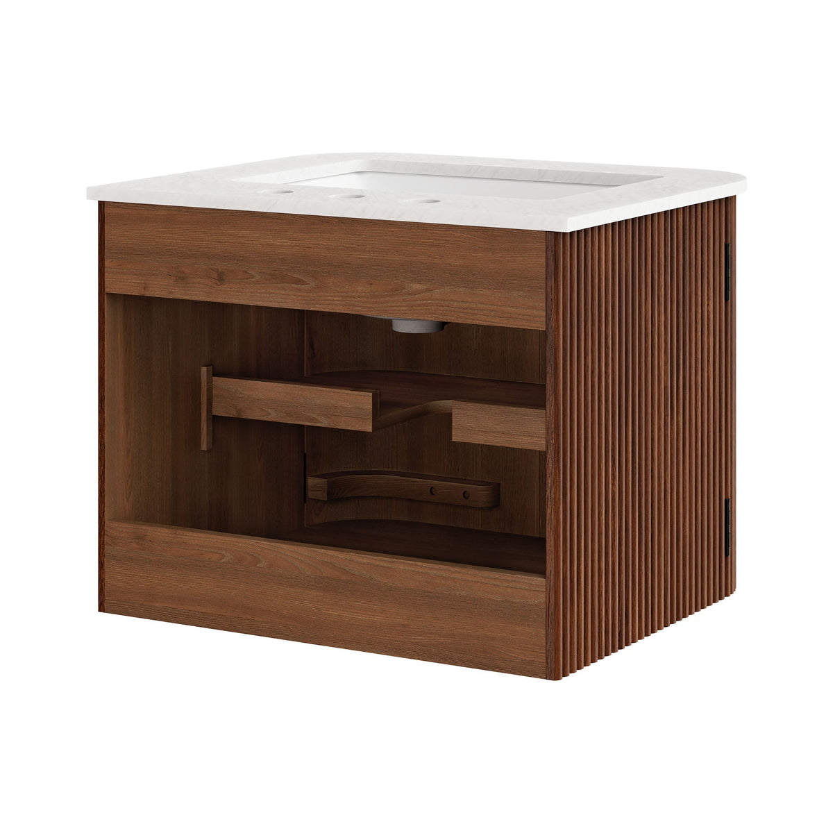 Zia wall-mount bathroom vanity with white marble sink atop brown wood cabinet with slats on Tampa Home & Garden Store