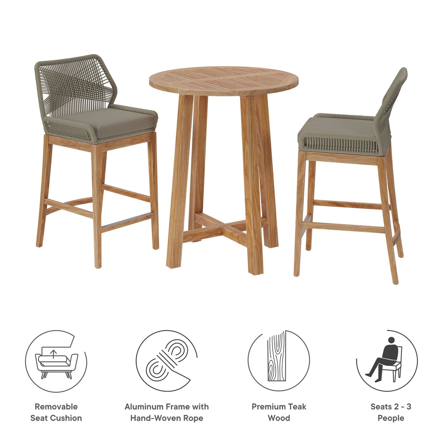 Modway Teak Patio Bar Set and Aluminum Stools
