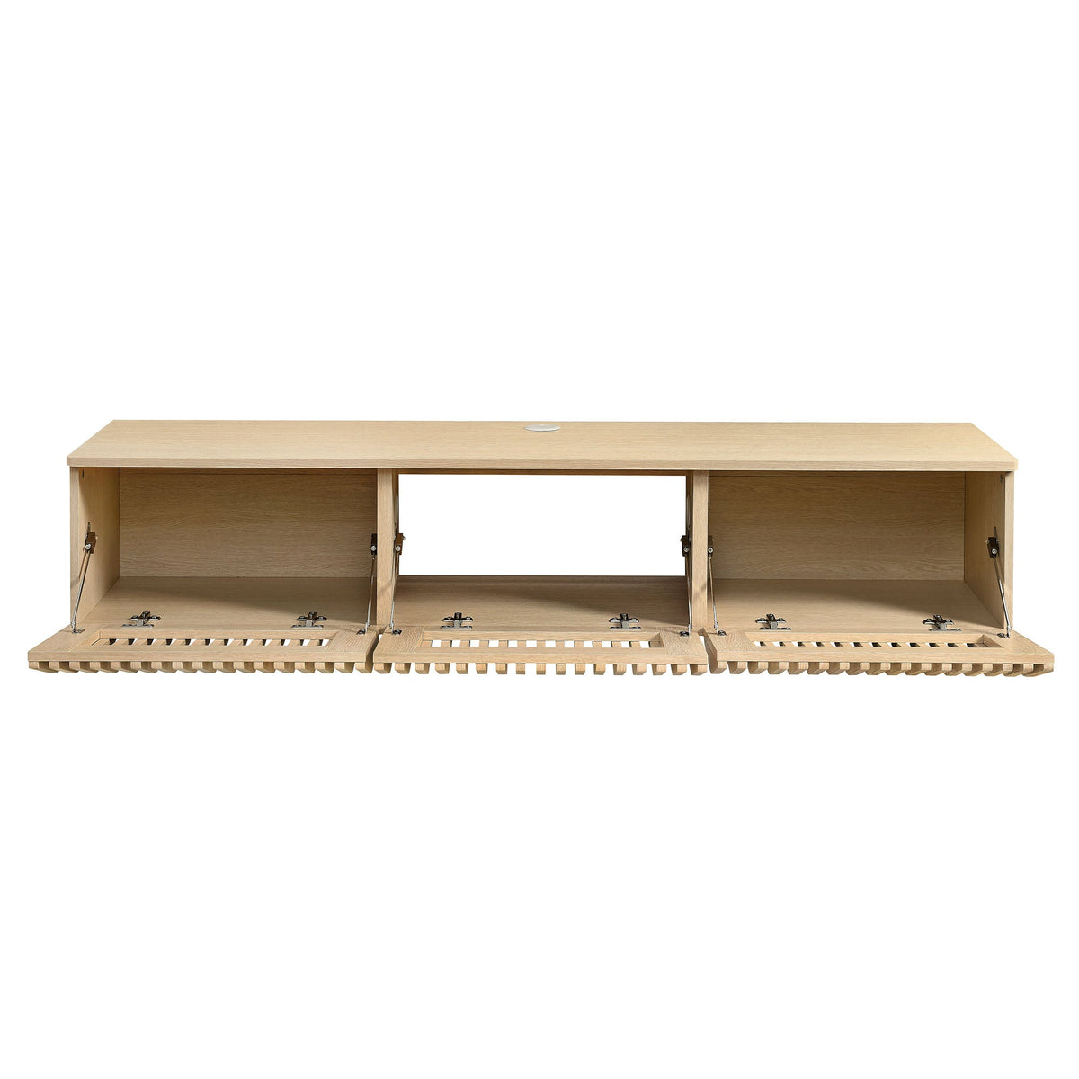 Vaughn 64in wall mount TV stand in light oak wood finish with open shelves and side storage on Tampa Home & Garden Store