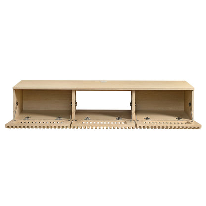 Vaughn 64in wall mount TV stand in light oak wood finish with open shelves and side storage on Tampa Home & Garden Store