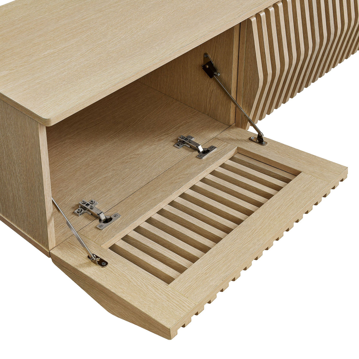 Vaughn 64in wall mount TV stand, oak wood finish with slatted panel doors, HouseOfZazla on Tampa Home & Garden Store