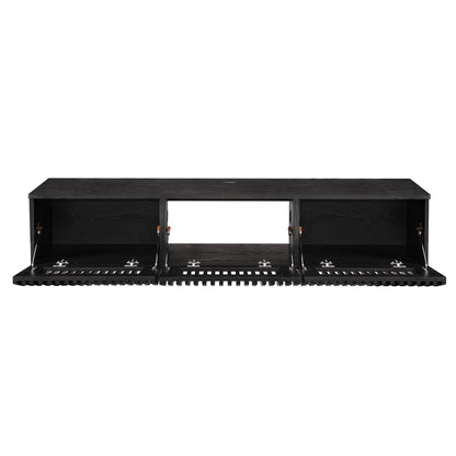 Vaughn 64in wall mount TV stand, dark wood finish with open storage and metal hardware on Tampa Home & Garden Store