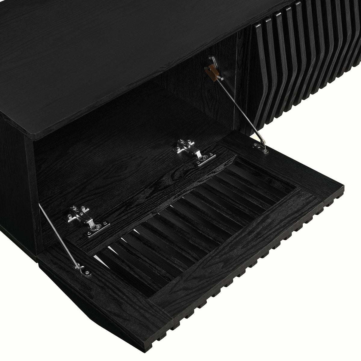 Vaughn 64in Wall Mount TV Stand black wood with slatted sides and metal hardware on Tampa Home & Garden Store