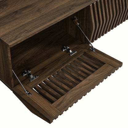 Vaughn 64in wall mount TV stand dark wood finish with slatted front panels and metal hardware on Tampa Home & Garden Store
