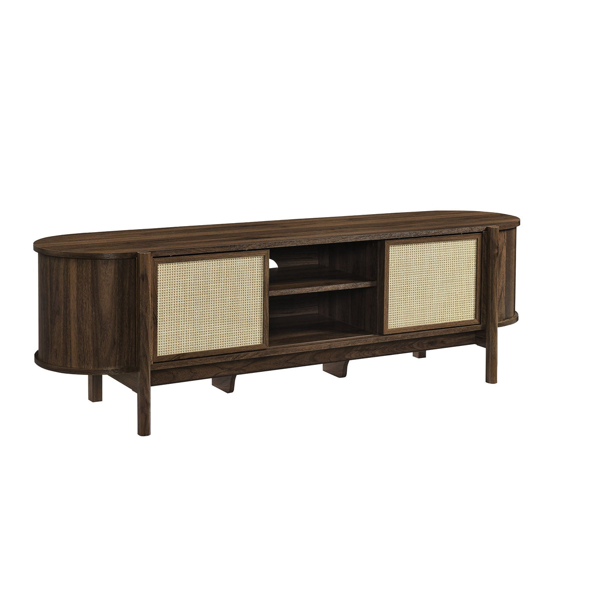 Reid 61in TV Stand in dark walnut with cane-woven cabinet doors and open shelves HouseOfZazla on Tampa Home & Garden Store