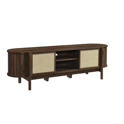 Reid 61in TV Stand in dark walnut with cane-woven cabinet doors and open shelves HouseOfZazla on Tampa Home & Garden Store