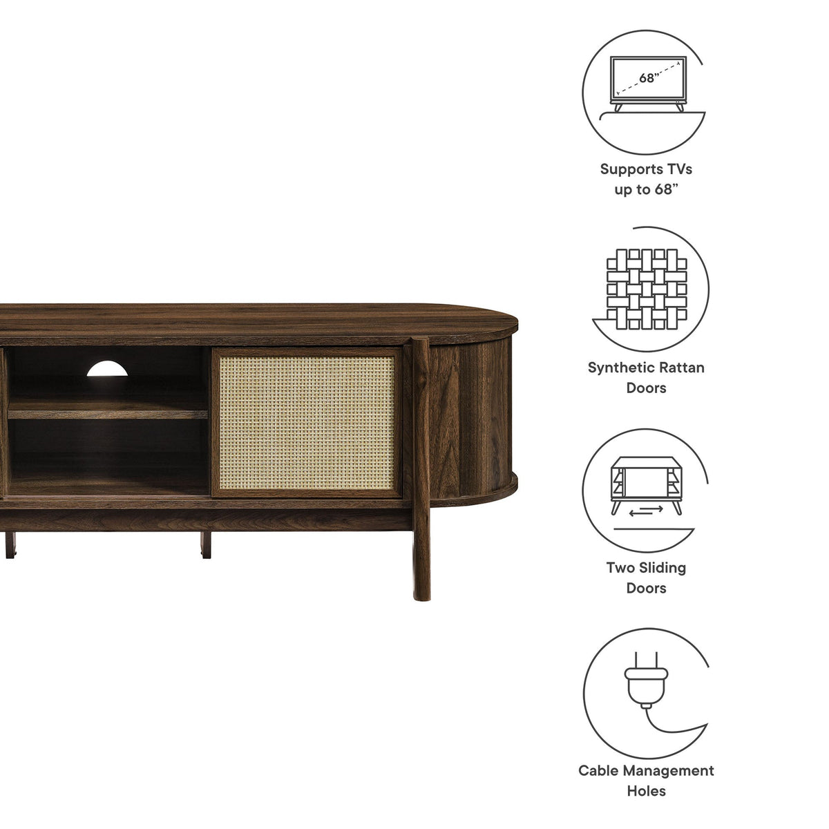 Reid 61in TV Stand by Modway in dark wood with woven rattan doors and open shelves on Tampa Home & Garden Store