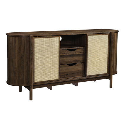 Reid 63-inch curved sideboard in dark wood with cane-woven doors, buffets & sideboards on Tampa Home & Garden Store