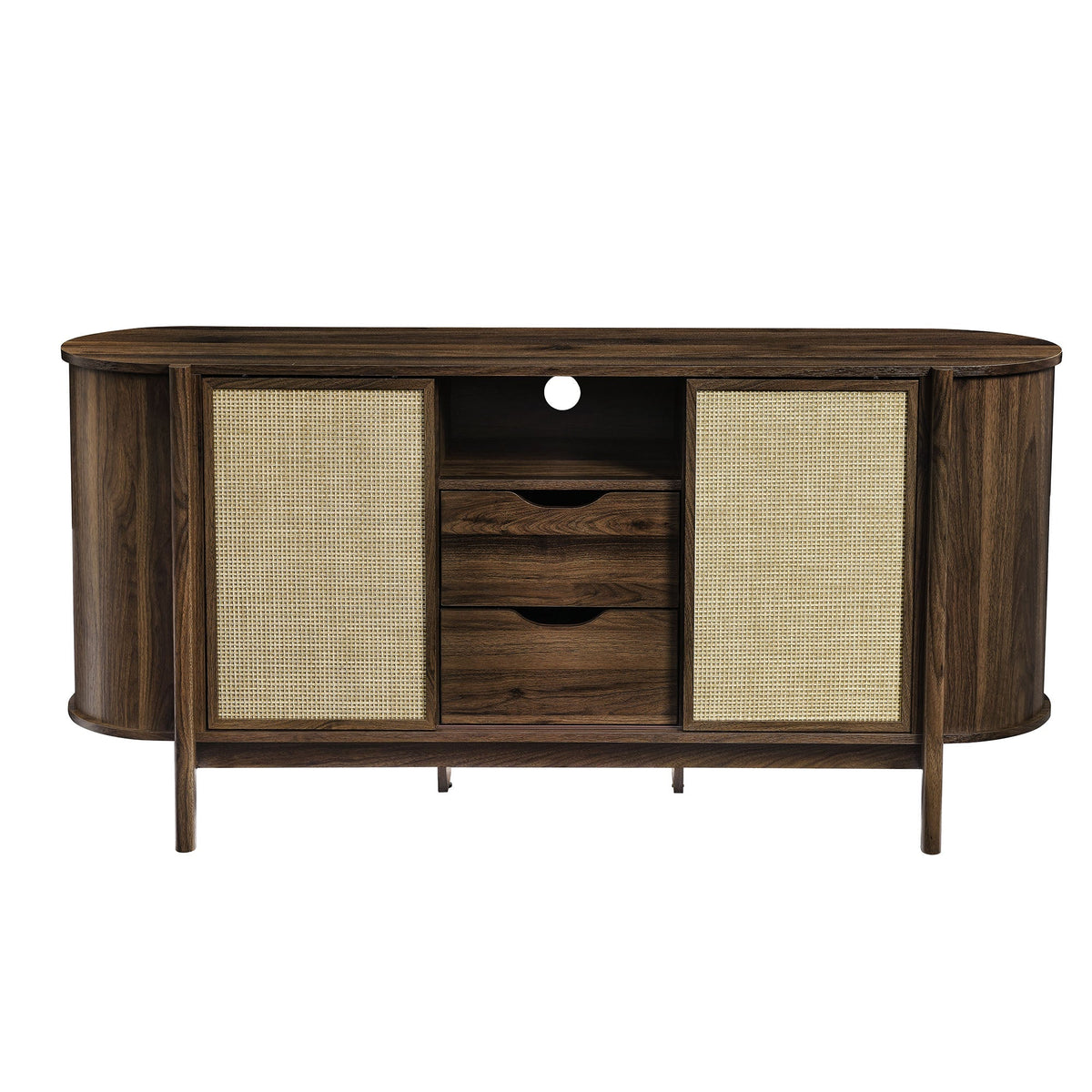 Reid 63in curved sideboard in dark wood with cane-woven doors and a central open shelf on Tampa Home & Garden Store
