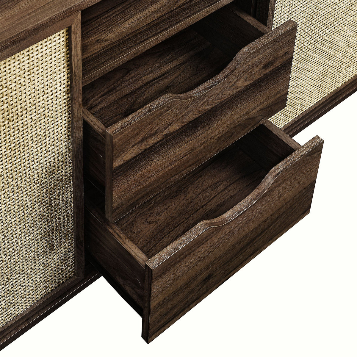 Reid 63-inch curved sideboard in dark wood with cane panel accents on Tampa Home & Garden Store