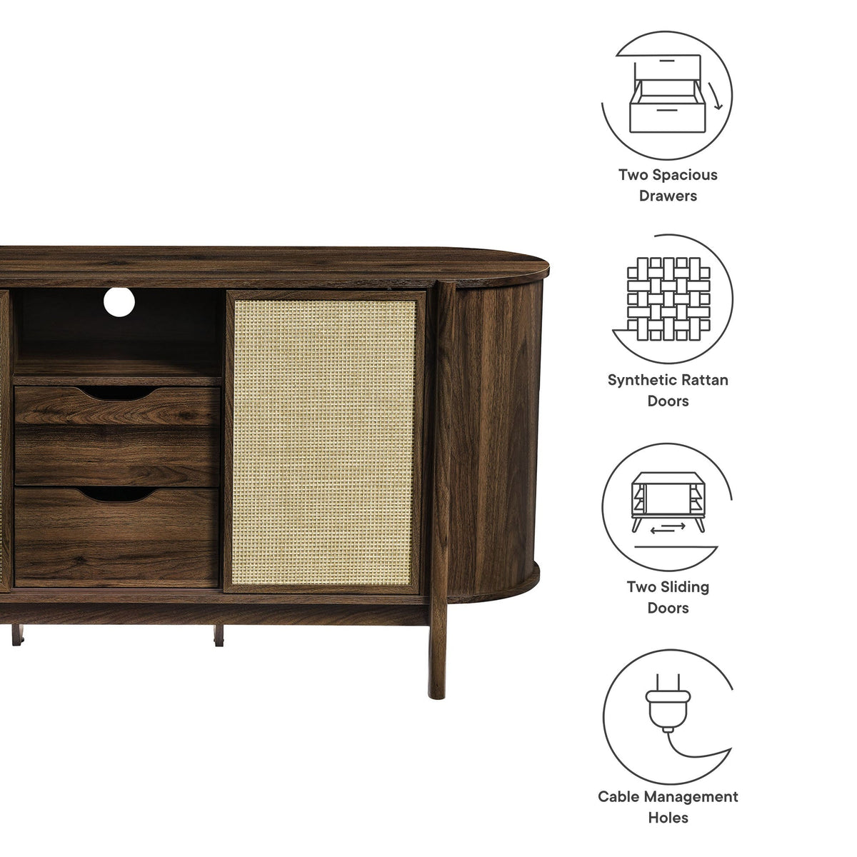 Reid 63in curved sideboard in dark wood with two woven rattan doors and two drawers on Tampa Home & Garden Store