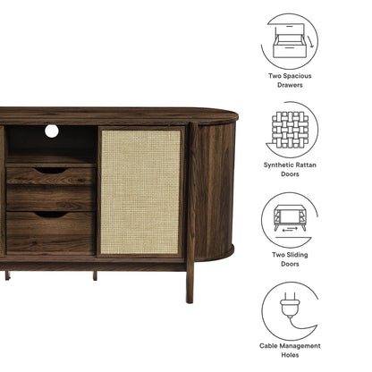 Reid 63in curved sideboard in dark wood with two woven rattan doors and two drawers on Tampa Home & Garden Store