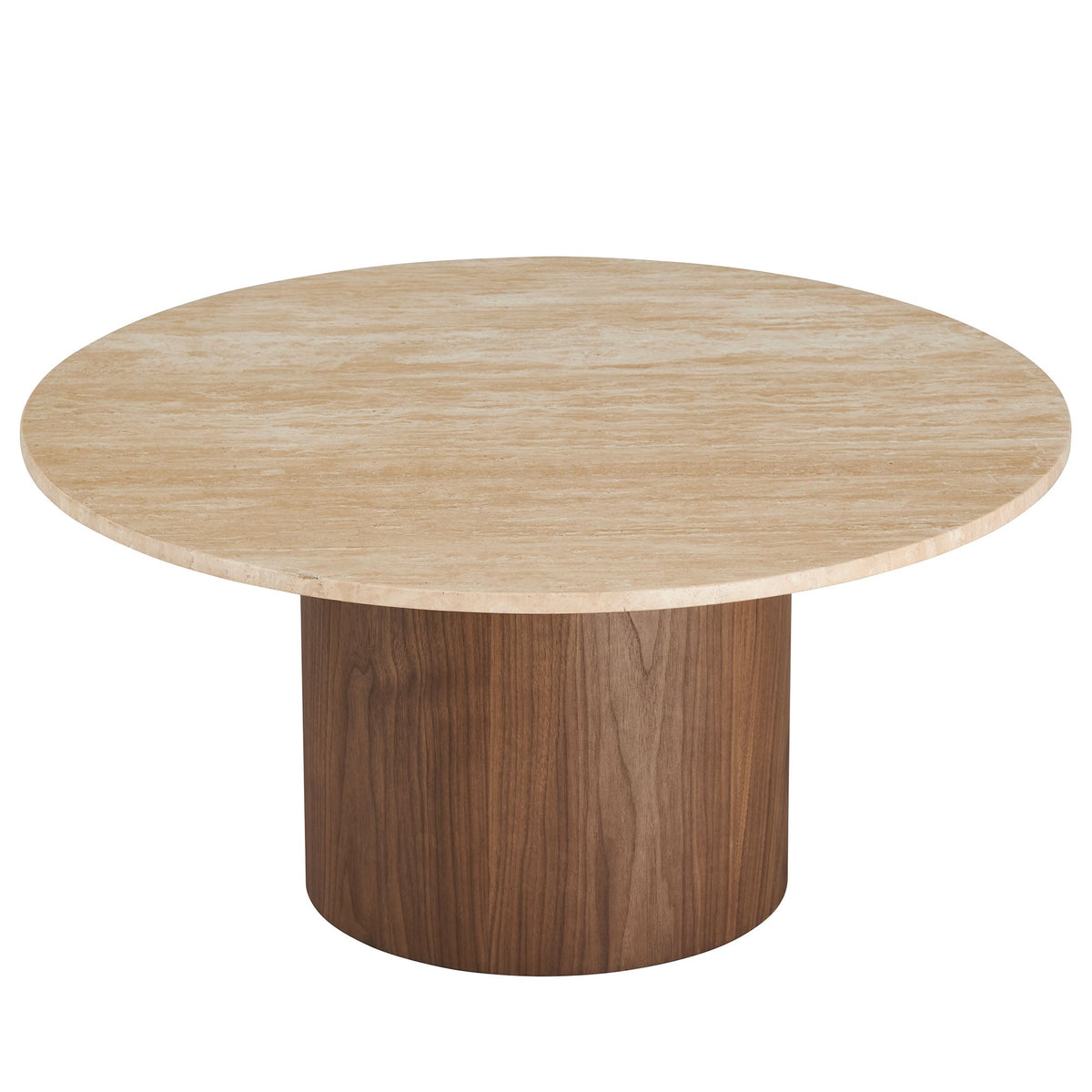 Kioni round travertine coffee table with beige stone top and dark wood pedestal base on Tampa Home & Garden Store