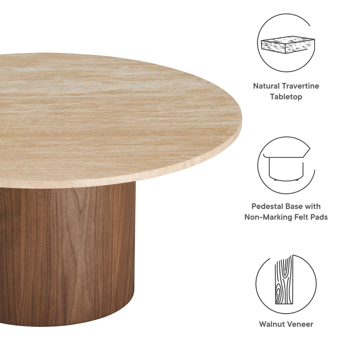 Kioni Round Travertine Coffee Table walnut veneer pedestal base HouseOfZazla on Tampa Home & Garden Store