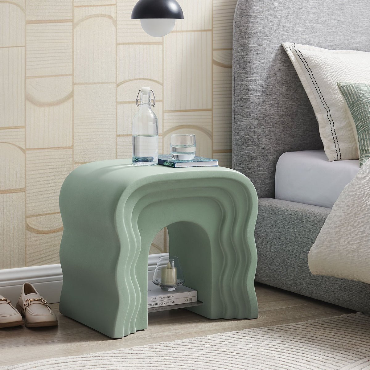 Jorin Squiggle Side Table by Modway, mint green sculptural nightstand beside a gray bed on Tampa Home & Garden Store
