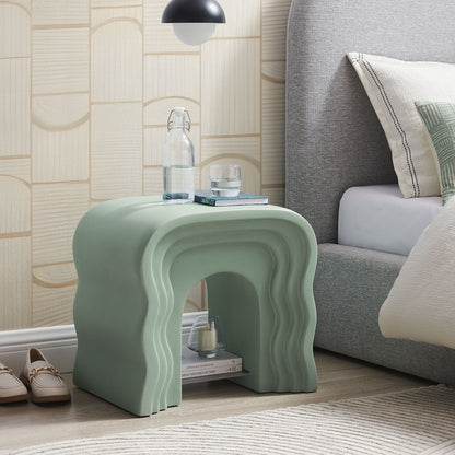 Jorin Squiggle Side Table by Modway, mint green sculptural nightstand beside a gray bed on Tampa Home & Garden Store