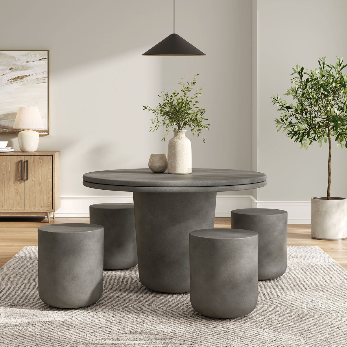 Brion concrete dining table with dark gray stools, round base, indoor/outdoor set by Modway on Tampa Home & Garden Store