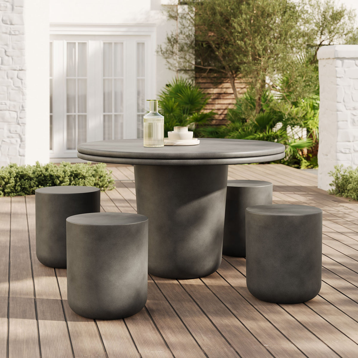 Brion Concrete 5-Piece Dining Table Set by Modway; round gray outdoor table with stools on Tampa Home & Garden Store
