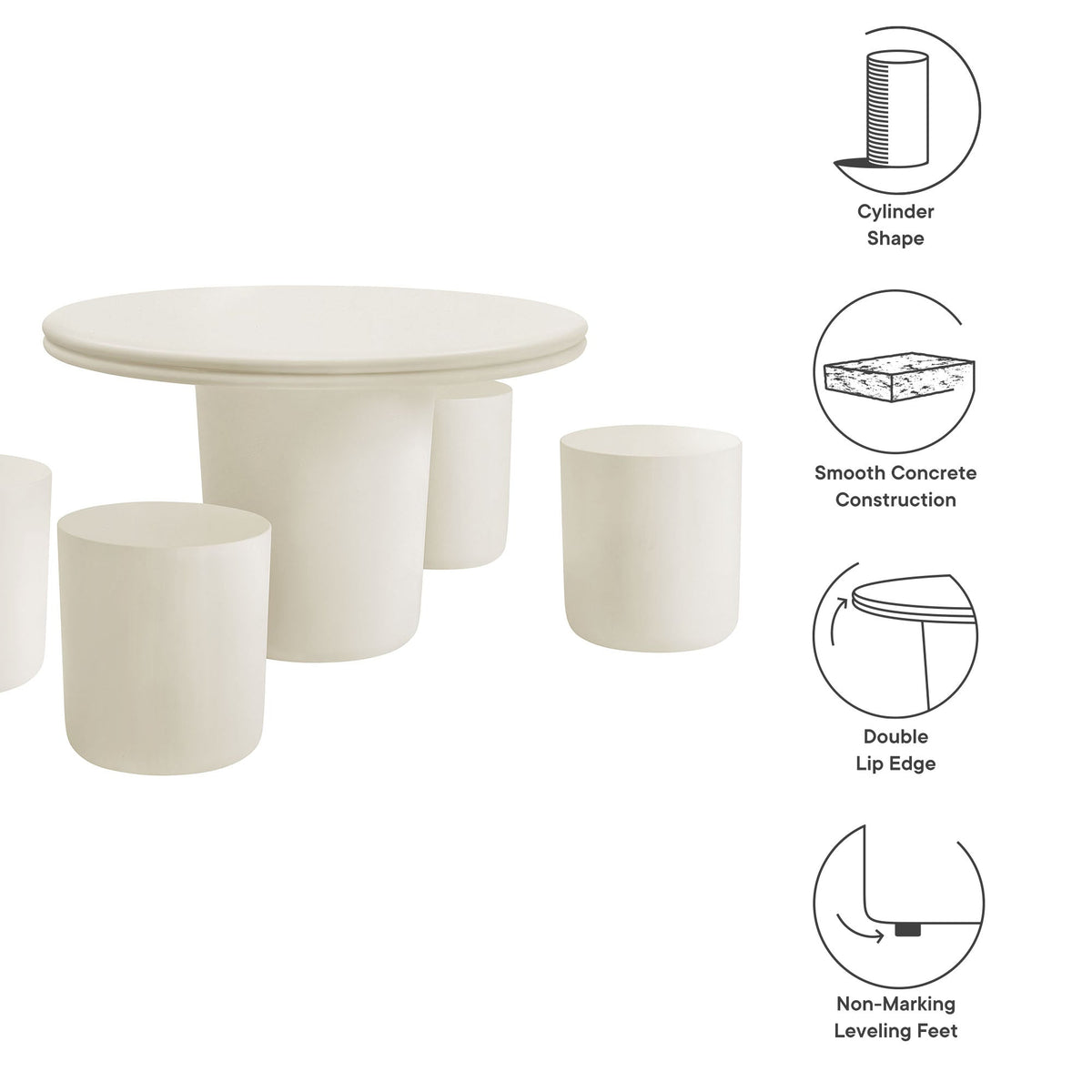 Brion Concrete 5pc Dining Set with round white tabletop and cylindrical stools on Tampa Home & Garden Store