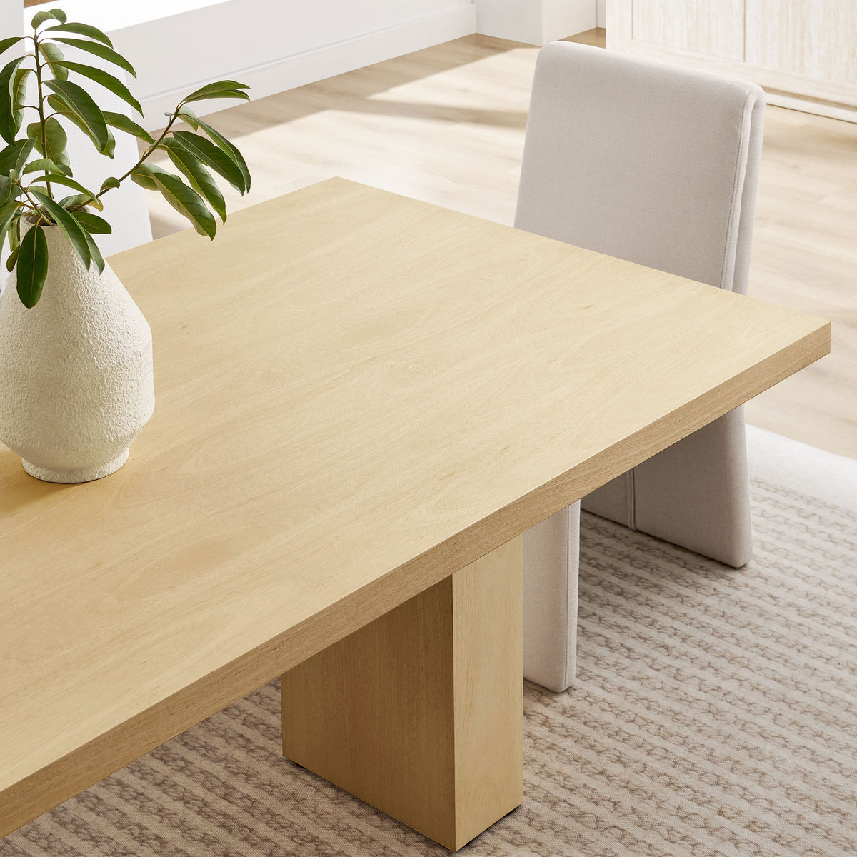 Piston 82in Rectangular Wood Dining Table by Modway, light oak finish with beige chairs on Tampa Home & Garden Store