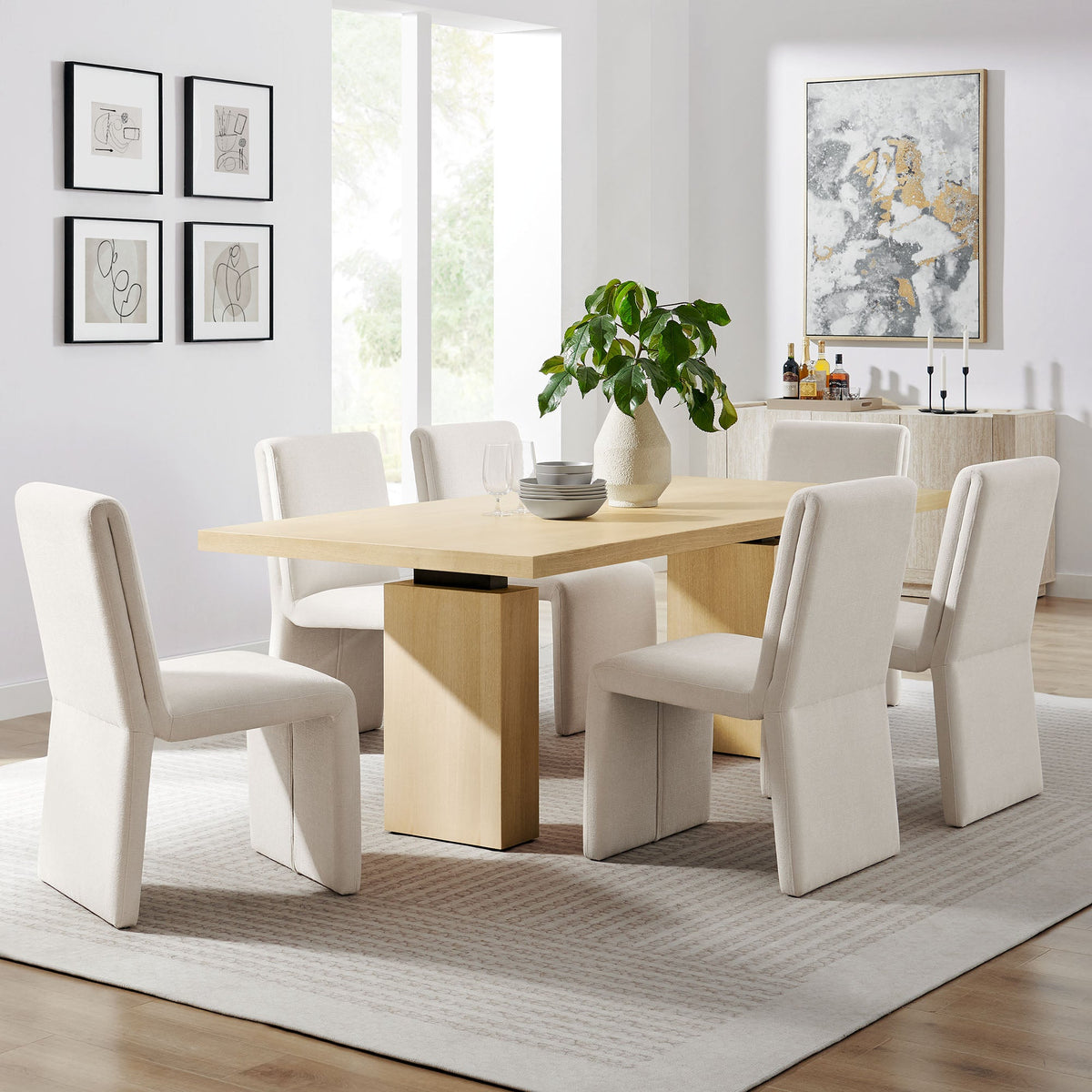 Piston 82in rectangular wood dining table with natural finish and white upholstered chairs on Tampa Home & Garden Store