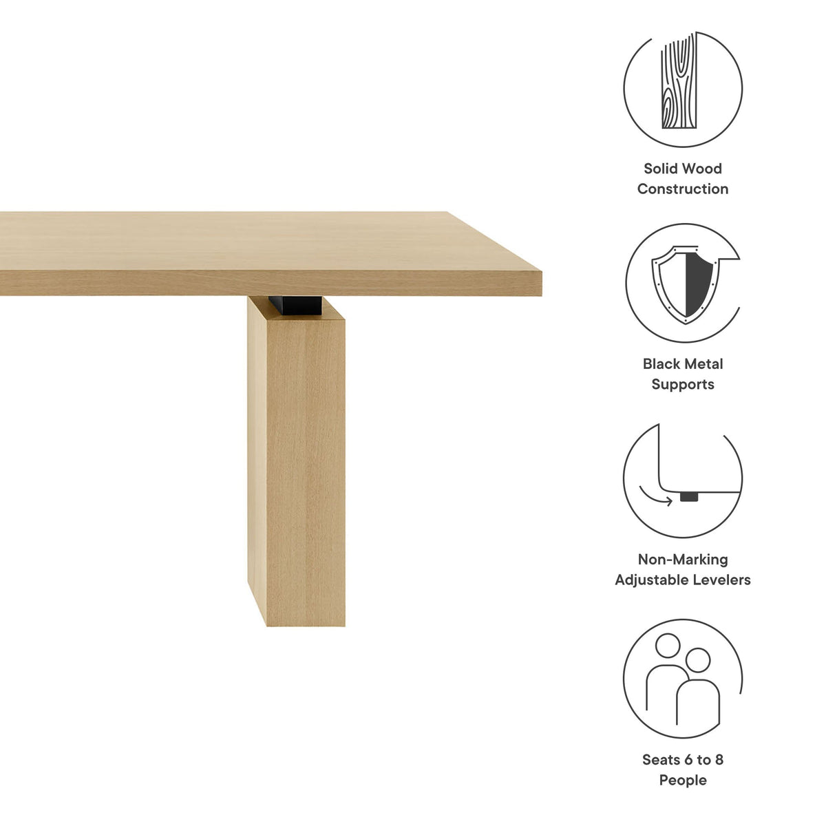 Piston 82in rectangular solid wood dining table natural oak with black metal supports on Tampa Home & Garden Store