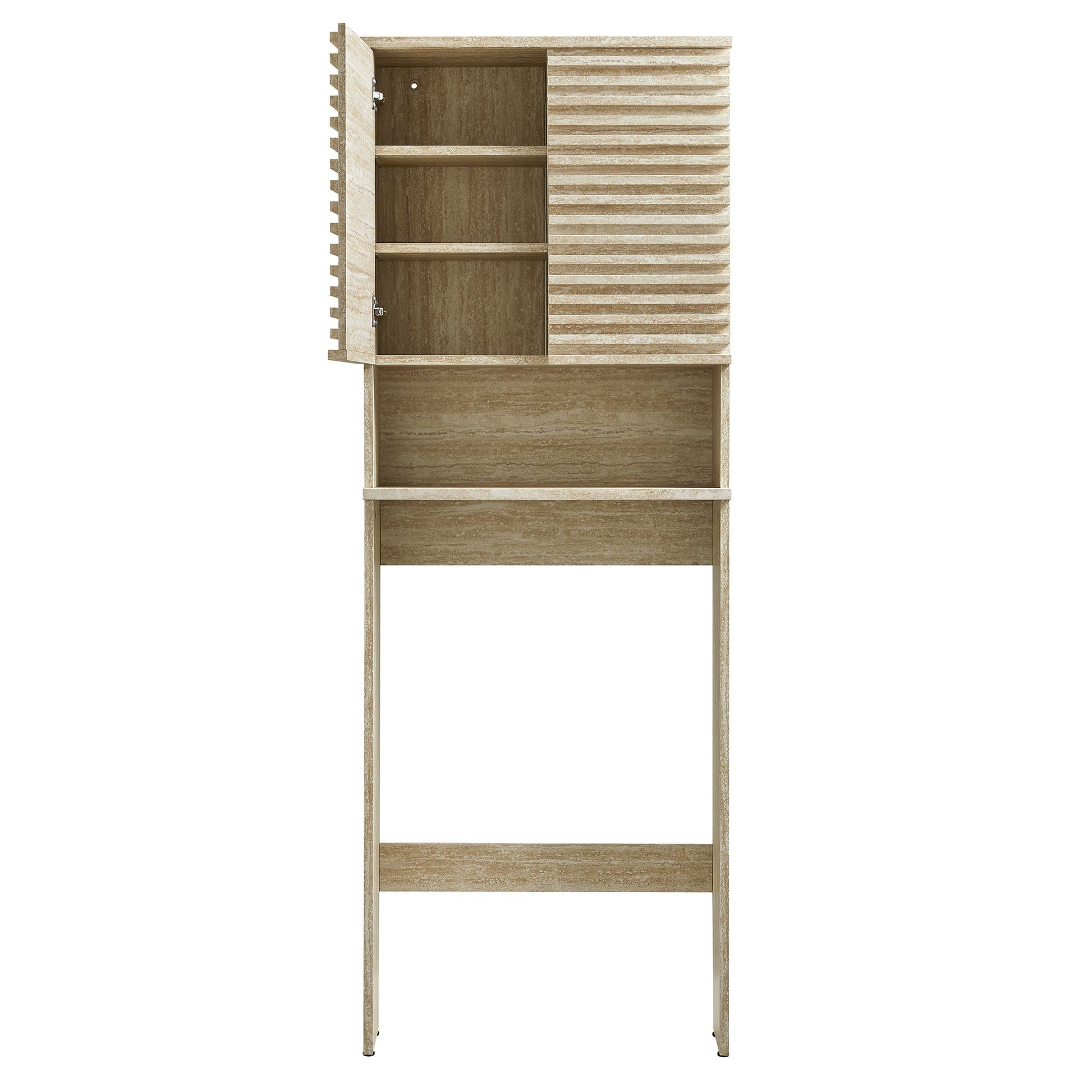 Over-the-toilet faux travertine bathroom cabinet with open shelf and ribbed panel HouseOfZazla on Tampa Home & Garden Store