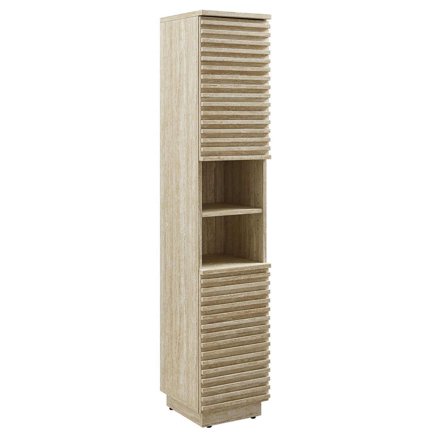 Tall Narrow Faux Travertine and Linen Cabinet