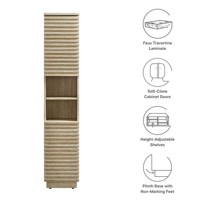 Tall Narrow Faux Travertine and Linen Cabinet