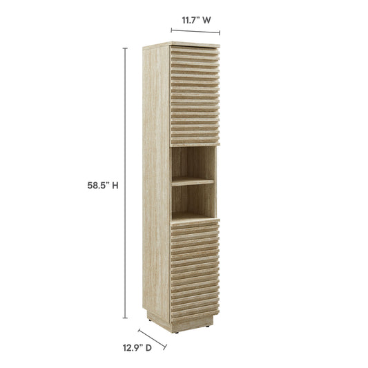 Tall narrow faux travertine linen storage cabinet with slatted doors and open shelves on Tampa Home & Garden Store
